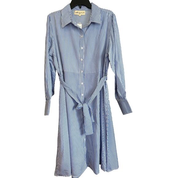 Wishing Waves Sz L Blue & White Stripes Long Sleeve Belted Dress NWT - Picture 3 of 5